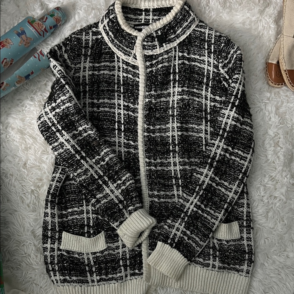 Karl Lagerfeld Black and Cream Zip-Up Sweater